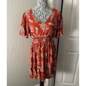 Angie Floral Dress Womens‎ Rust Orange Large Boho Faux Wrap Short Sleeve Mini